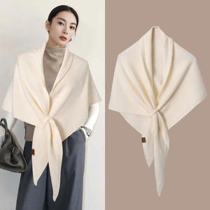 Wholesale Solid Wool Blend Long Length <b>Triangle</b> Shawl Thick Warm Breathable Winter Wrap for Women Hijab Cape - Product Image 1