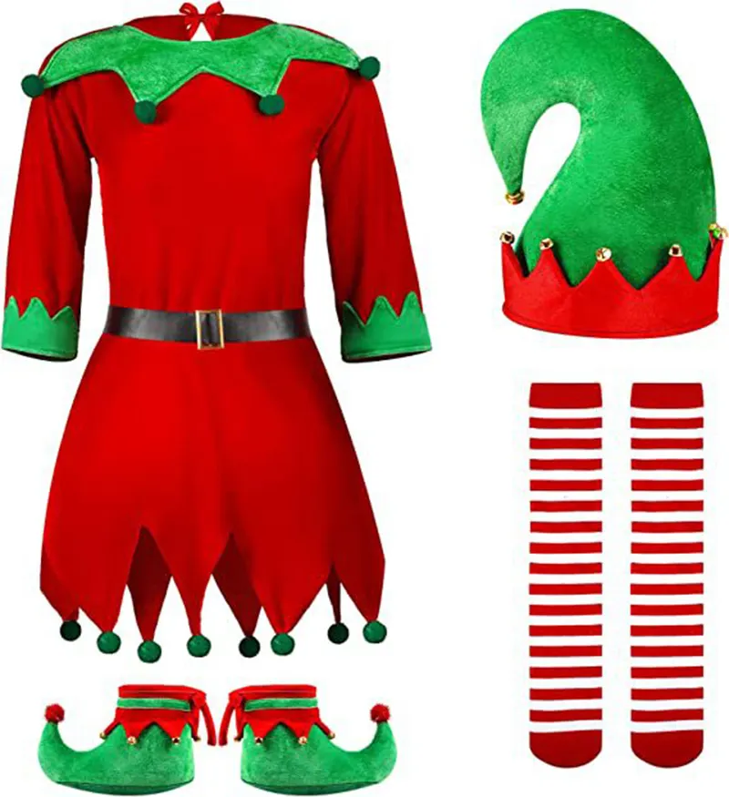 Christmas Cute Red Elf Hat Girls Dress Children Clothing Sets Xmas Carnival Party Kids Cosplay Performance Costumes 90-160cm