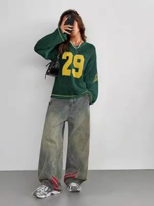 Fashion Green Mesh Knit 100% Cotton Jersey Top Sleeve Design Men Loose Winter Streetwear <b>Pullover</b> <b>Sweater</b> Custom Front Hockey - Product Image 3