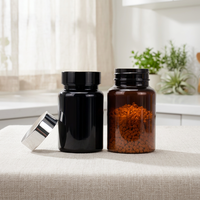 Bouteille en plastique ambrée personnalisée de 80 ml, 100 ml, 150 ml à large ouverture avec couvercle noir pour comprimés, pilules et capsules pharmaceutiques