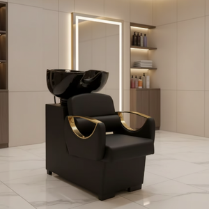 Nouveau fauteuil de shampooing en cuir moderne avec lavabo en céramique et structure métallique pour salon de coiffure - Design semi-inclinable - Product Image 1