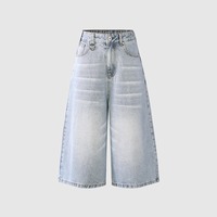 Jean short baggy en denim pour femme, coupe décontractée vintage bleu délavé, jambe large, longueur 7/8, style streetwear