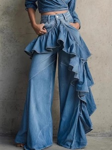 Vaqueros asimétricos con volantes y empalmes, de cintura alta, estilo europeo y americano, largos hasta el suelo para mujer, vaqueros anchos lavados. - Product Image 2