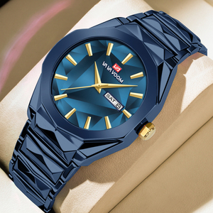 Edgy Mens Bold Blue Statement Watch Diamond Cut Dial Gold Accent Wristwatch for Streetwear - Product Image 5
