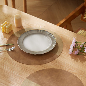 Two Tone Stitched Pvc Leather Placemat Round Heat Insulating Western Style Dining Mat Oil Proof Bowl Cup <b>Coaster</b> - Product Image 3