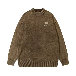 Wholesale High Quality Embossed Pattern Drop Shoulder Streetwear Suede Fabric Wool Round Neck Sweatshirts For Men