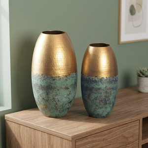 Vase de table moderne Focal Feature, finition dorée, fait main, pot décoratif, hauteur 39 cm et 31 cm, forme ovale - Product Image 6