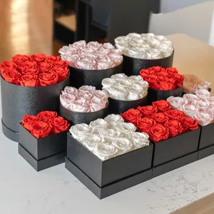 Toptan ebedi renkli çiçekler sevgililer günü özel marka yuvarlak ve kare içinde ebedi sonsuza kırmızı korunmuş gül hediye kutusu