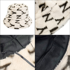 Ny Letter Faux Rabbit Fur Bucket Hat Women Winter Thickened Warm Plush Fisherman Hat Fashionable Youthful White Gray - Product Image 1