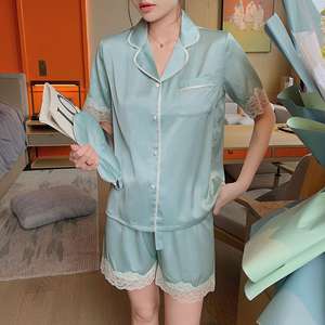 Pijamas de Verano 2023 para Mujer, de Manga Corta y Pantalones, Cuello en <span class=keywords><strong>V</strong></span>, de Seda Helada, de Alta Calidad, Suaves al Tacto, Venta Caliente de Fábrica - Product Image 2