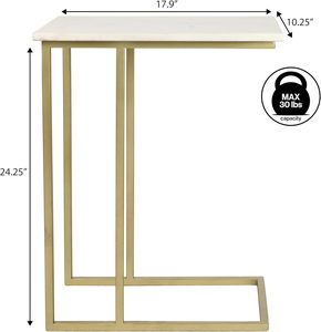 Table d'appoint industrielle en métal en forme de C JONATHAN Y END4005B Caius 24,25 pouces, plateau en marbre blanc, finition dorée, meubles de salon - Product Image 3