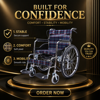 Fauteuil roulant manuel avec cadre en acier chromé, siège à carreaux rouges, pliable, capacité 100 kg, pour soins aux personnes âgées