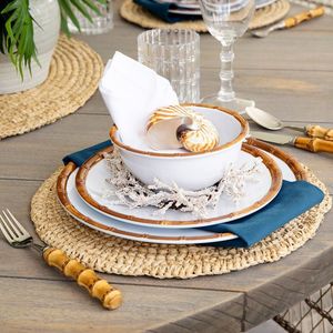 Platos de cena de cerámica de estilo Retro en relieve con borde de bambú, juegos de platos y cuencos de boda de porcelana blanca, juego de vajilla vegetariana - Product Image 4