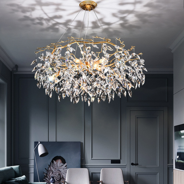Modern Luxury Lighting Circular Leaf Branch Chandelier Crystal Cascade Banquet Hall Art Deco Style Indoor Hanging Lamp
