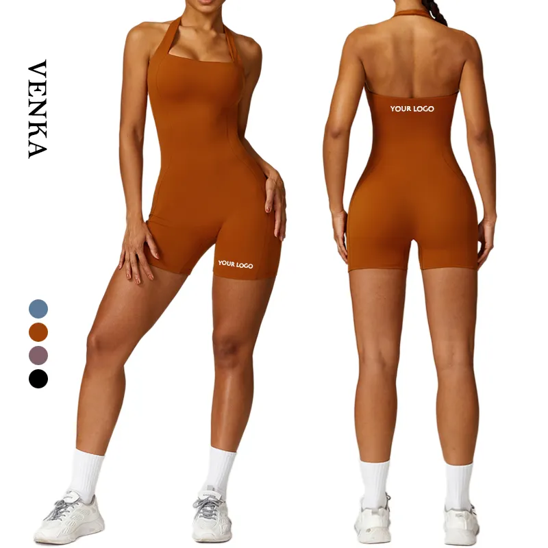 Romper for Women Workout Yoga Gym Fitness Sexy Sportswear Hang Neck Beautiful Back One Piece Shorts Ladies Casual Yoga Jumpsuit