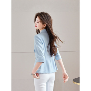 Women's Blazer Light Blue Solid Color Three Quarter Sleeve Slim Fit Casual Office Wear - Product Image 4