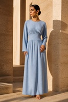 Robe longue élégante pour femmes, Abaya de Dubaï, couleur unie, manches longues, col rond, vêtements musulmans modestes avec lacets, robe de fête pour l'Aïd