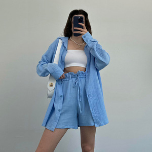 D & M <span class=keywords><strong>abbigliamento</strong></span> donna estate nuovo prodotto sottili lunghe camicie da donna <span class=keywords><strong>Set</strong></span> di Shorts con lacci a boccioli di fiori Casual da donna <span class=keywords><strong>Set</strong></span> in due pezzi - Product Image 1