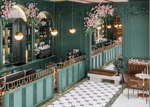 European Cafe Shop Interior Decoration | Customized Green Coffee Counter & Fashion Milk Tea Bar Showcase with LED Lighting - Product Image 5