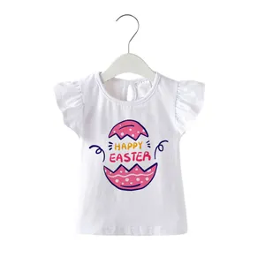 New Arrival Short Sleeve Cotton Printed Bunny Egg Easter Girls T shirt for Summer
