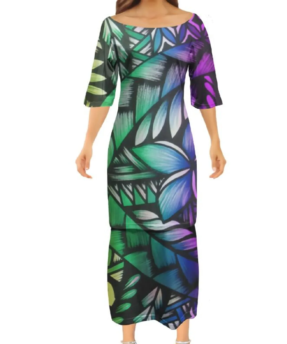 여름 드레스 오프 숄더 두 조각 세트 드레스 Puletasi Tatau 패턴 맥시 드레스 꽃 인쇄 플러스 사이즈 여성 의류