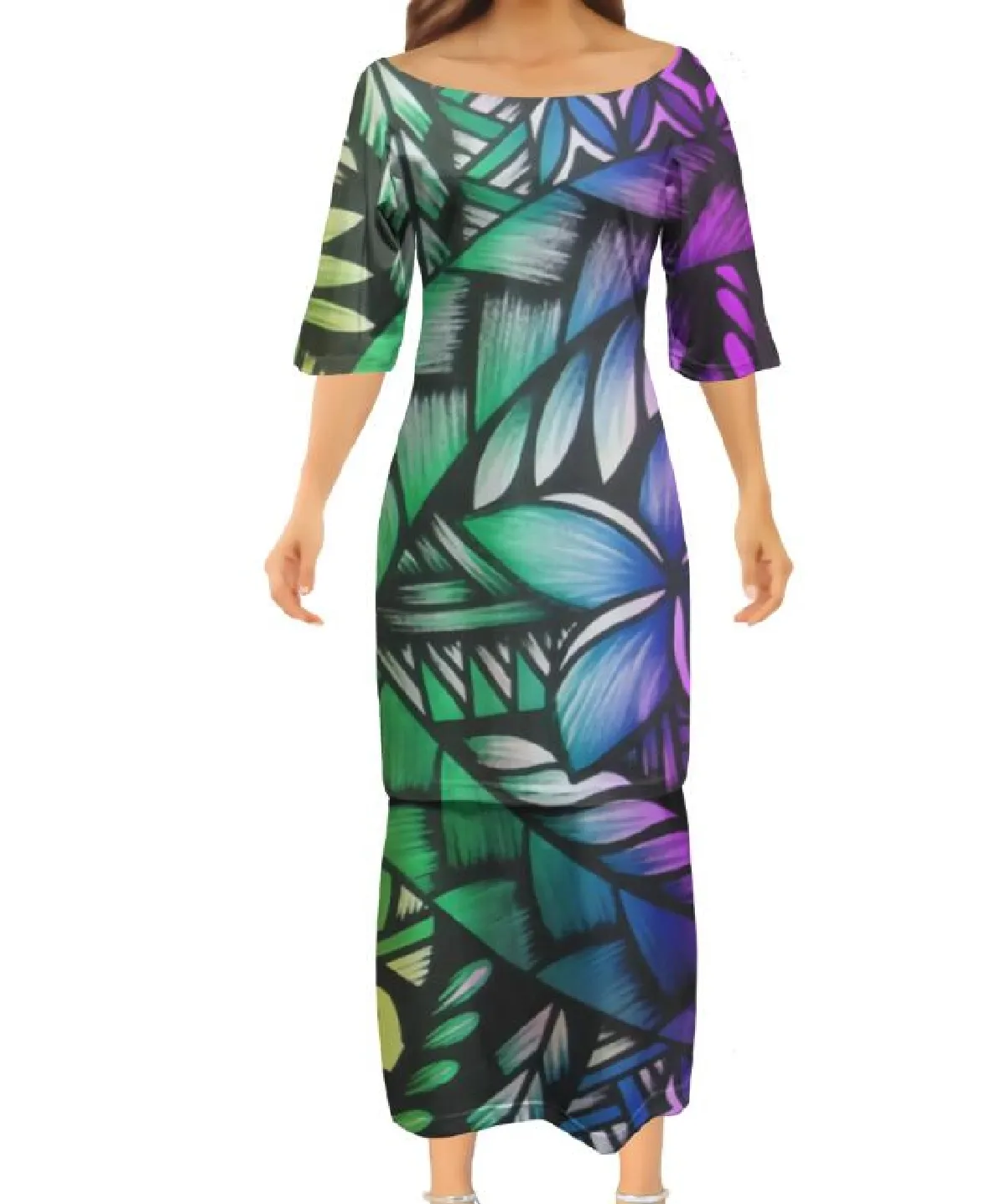 Sommer Outfits Off Shoulder Zweiteilige Set Kleider Puletasi Tatau Muster Maxi kleid Blumen druck Plus Size Damen bekleidung