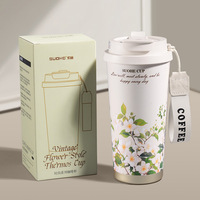 Mug Kopi 304 Stainless Steel Desain Lily Valley Portabel Serbaguna untuk Perjalanan dengan Tutup Logo Kustom Modern untuk Dewasa Cangkir Hadiah Vakum.
