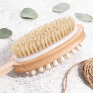 Double Sided Bath Brush with Long Wooden Handle, Natural Bristle and Nylon for <strong>Back</strong> <strong>Scrub</strong>, Exfoliating Body Care &amp; Home Use - Product Image 4