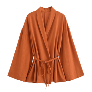 Conjunto de Kimono de Algodón y Lino Personalizado Primavera 2026, Chaqueta Cruzada Abierta y Pantalones con Cordón, Dos Piezas, OEM de Fábrica China - Product Image 2