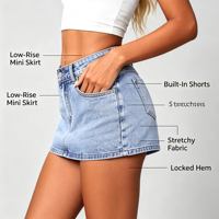 Jupe en jean doublée pour femme, taille basse, micro-mini, avec short intégré, très extensible, style superposé