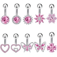 Anneau de nombril en acier inoxydable avec zircon rose en forme de papillon, bijoux de piercing pour le ventre en forme de cœur