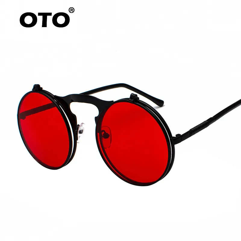 OTO fashion classic round shape metal circle round flip sunglass with black and red steampunk sunglasses men