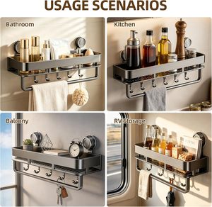 Floating <b>Storage</b> <b>Shelf</b> with Towel Bar & Hooks,Suction Cup Shower Caddy Wall Mounted,Rust-resistant Organizer for Bathroom - Product Image 4