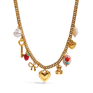 Stainless Steel Charm Necklace With Pearl Heart Red Flower Key Bow Bear Pendant Gift Jewelry - Product Image 1