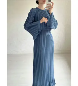 Ready To Ship Muslim Abaya For Women And Ladies Solid Color Pleated Ruffle Loose Modest Maxi Silk Dress Modern Modest Dress