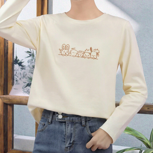 Women Long Sleeve Crop <b>Top</b> Crew Neck Cartoon Embroidered T-Shirt Cute Loose Fit All Seasons 100% Cotton Jersey Breathable - Product Image 3