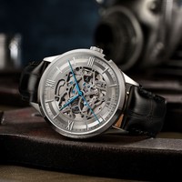 Montre automatique squelette de luxe I&W pour homme, cadran à chiffres romains, aiguilles bleues, boîtier en acier inoxydable, verre saphir, bracelet en cuir – Offre Spéciale
