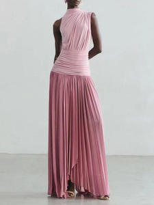 Nuovo Arrivo: Abito <span class=keywords><strong>Lungo</strong></span> Rosa da Donna <span class=keywords><strong>Monospalla</strong></span> con Collo Alto e Pieghe per Uso Quotidiano - Product Image 3