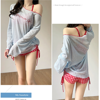 Set Baju Renang 3 Potong Motif Pantai Musim Panas untuk Anak Perempuan, Gaun Cover-Up dengan Kerah Scoop, Tali Serut, Ruffle, Bahan Bernapas Cepat Kering, Ukuran Besar