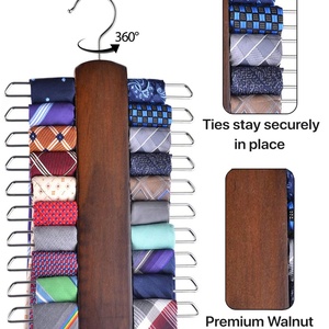 Premium Wooden Necktie and Belt <b>Hanger</b> Walnut Wood Center Organizer Storage Rack with Non-Slip Finish-20 Hooks - Product Image 4