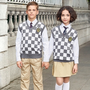 Gilet d'uniforme scolaire tricoté à carreaux de style britannique personnalisé pour enfants, pull-over, fabricant d'uniformes scolaires unisexes OEM - Product Image 2