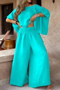 Damen Casual Vacation Style Sommer kragen Short Top High Waist Loose Pants 2-teiliges Set - Product Image 4