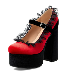 Big Size 47 Lace Rim Thick Platform Patchwork Pumps Chunky High Heels Round Toe Sandals Women Buckle Strap <strong>Red</strong> <strong>Suede</strong> <strong>Shoes</strong> - Product Image 4