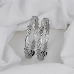 Elegant Classic Silver Geometric Pattern <b>Fine</b> <b>Jewelry</b> <b>Set</b> with Sparkling Stones on Chic Bangles - Product Image 3