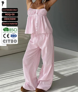 Ensemble pyjama en coton rayé 2 pièces pour femmes, haut sans bretelles, coupe ample, pantalon long, tenue décontractée printemps-été - Product Image 1