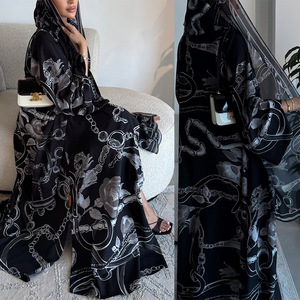 عباءة نسائية إسلامية محتشمة MQ235 لرمضان والعيد، فستان مسلمات مزين بالزهور، عباءة دبي مفتوحة مع وشاح - Product Image 2