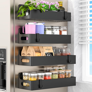 Organizador de Estante Lateral para Refrigerador, Cesta de Almacenamiento Magnética sin Perforaciones, Juego de Estantes para Especias de Plástico con Ganchos para Refrigerador - Product Image 1