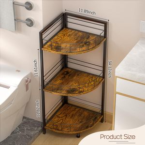 Étagères de sol rectangulaires ouvertes en métal à 3 niveaux, design d'angle incurvé, pliables, noires, modernes, pour salle de bain, petit espace - Product Image 2