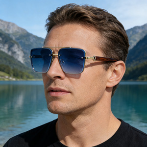 Lunettes de soleil carrées de style européen, monture dorée, verres PC, protection UV400, lunettes de soleil tendance pour hommes, pour la conduite et la pêche - Product Image 4