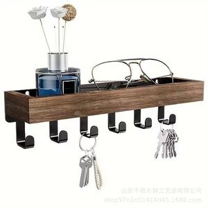 Wooden Key Rack With <b>Hooks</b> Wall Mounted Shelf For Entryway Living Room Storage Multipurpose Organizer Charcoal Burnt Color - Product Image 4